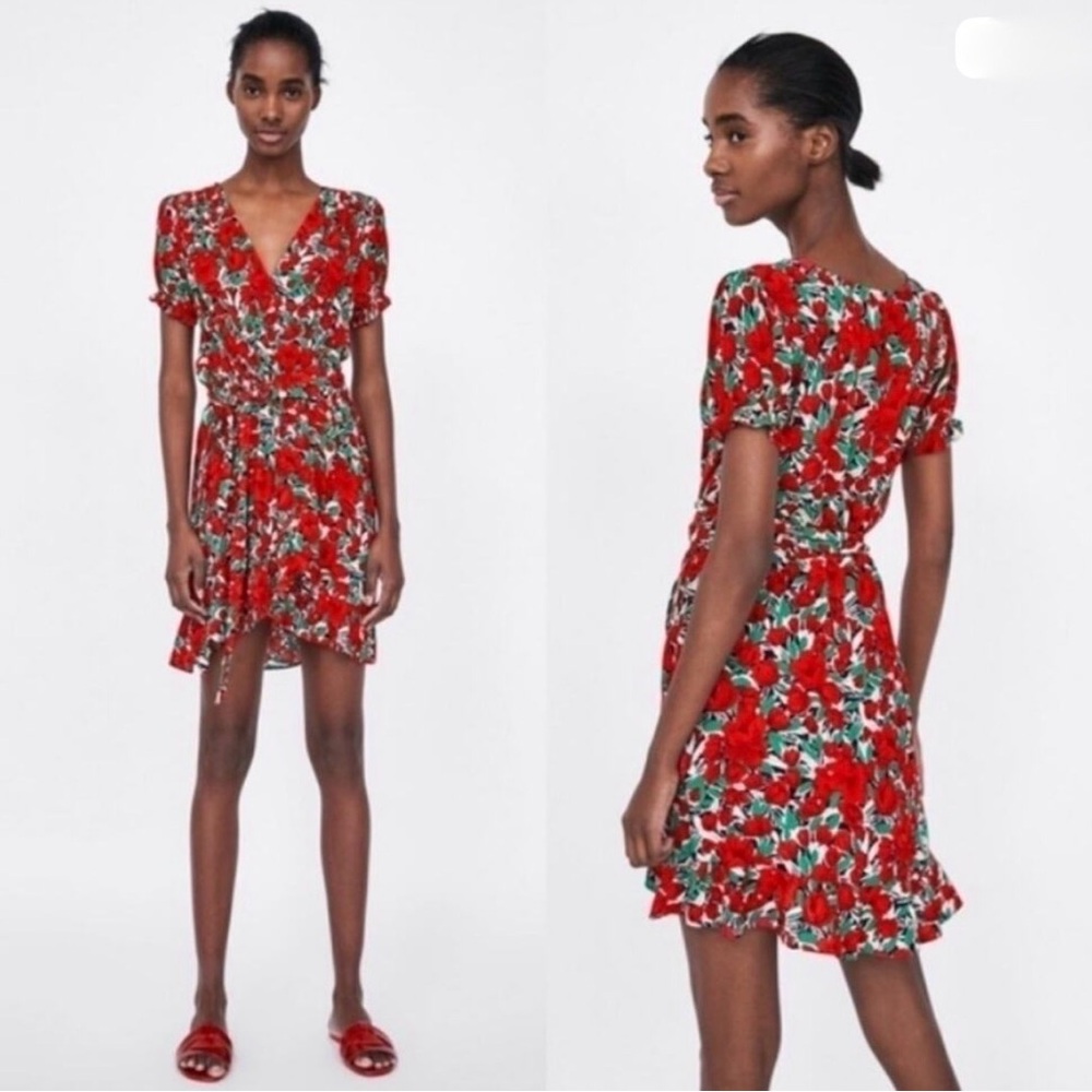 Zara Red Floral Wrap Dress V-Neck Tie Waist Boho Summer S